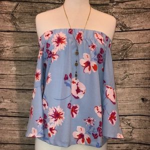 Long sleeve off the shoulder blue floral top
